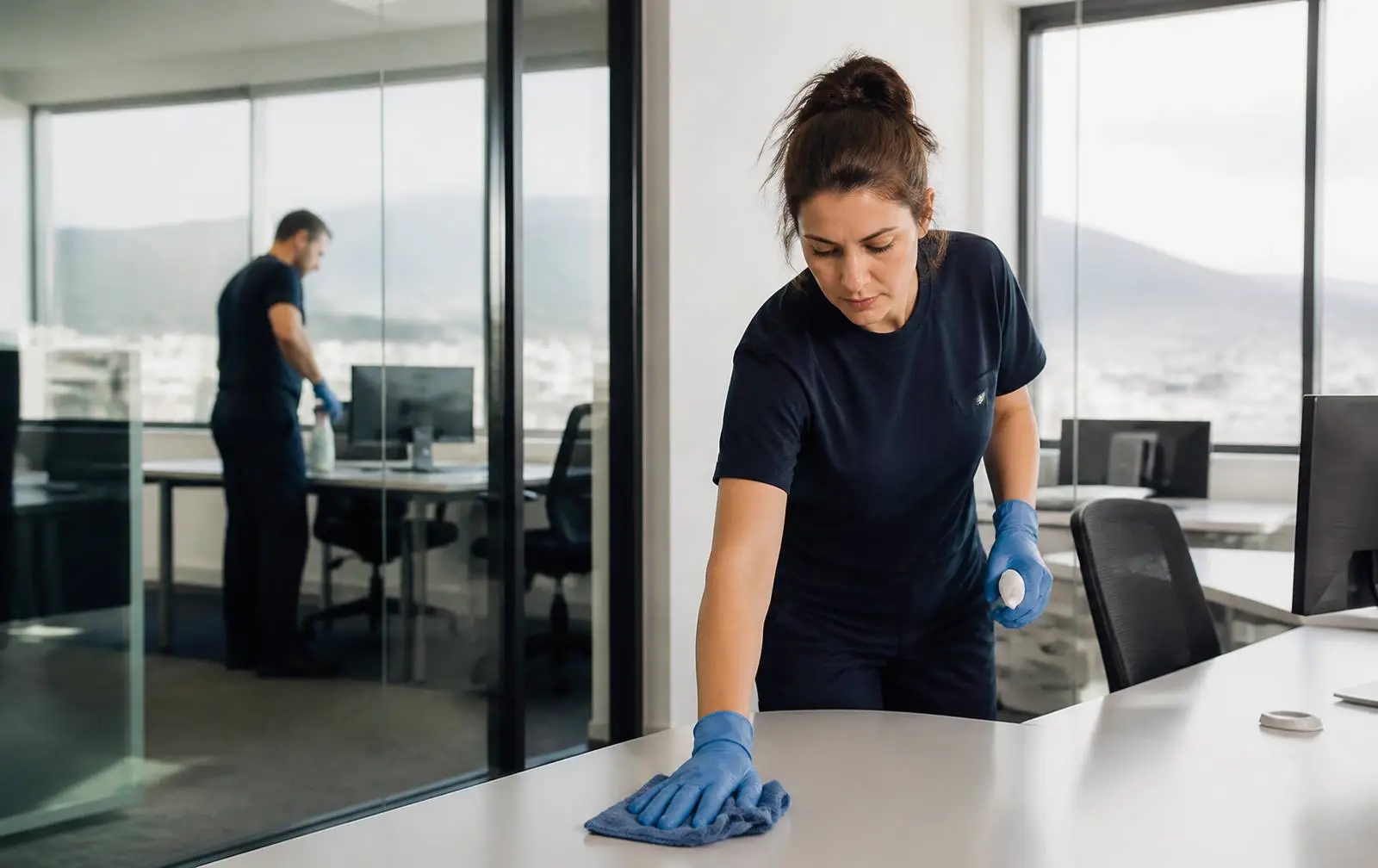 flashclean.at Büroreinigung Wien Mödling – Reinigungskraft reinigt Büroflächen