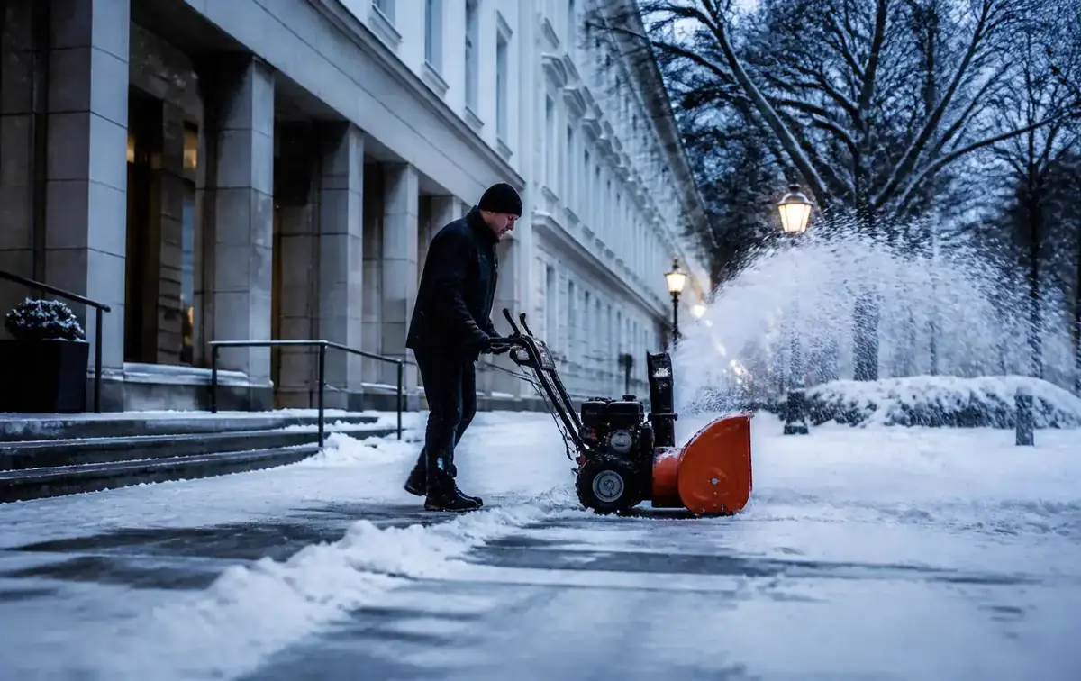 flashclean.at Hausbetreuung mit Winterdienst in Wiener Neudorf – Schneeräumung vor einer Wohnanlage